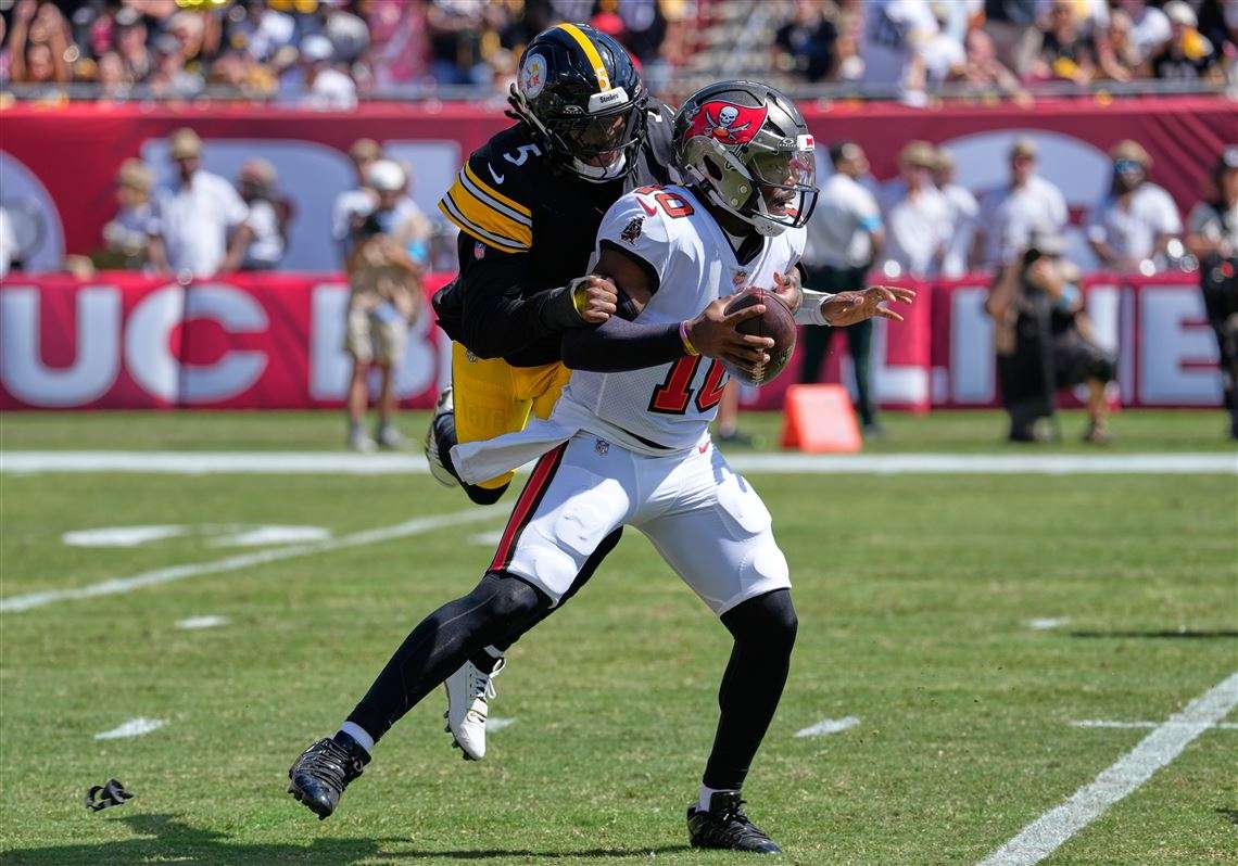 Pittsburgh Steelers cornerback Jalen Ramsey sacks Tampa Bay Buccaneers quarterback Jalon Daniels during the first half of an NFL football game in Tampa, Fla.