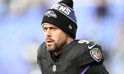 Justin Tucker of the Baltimore Ravens in game action.