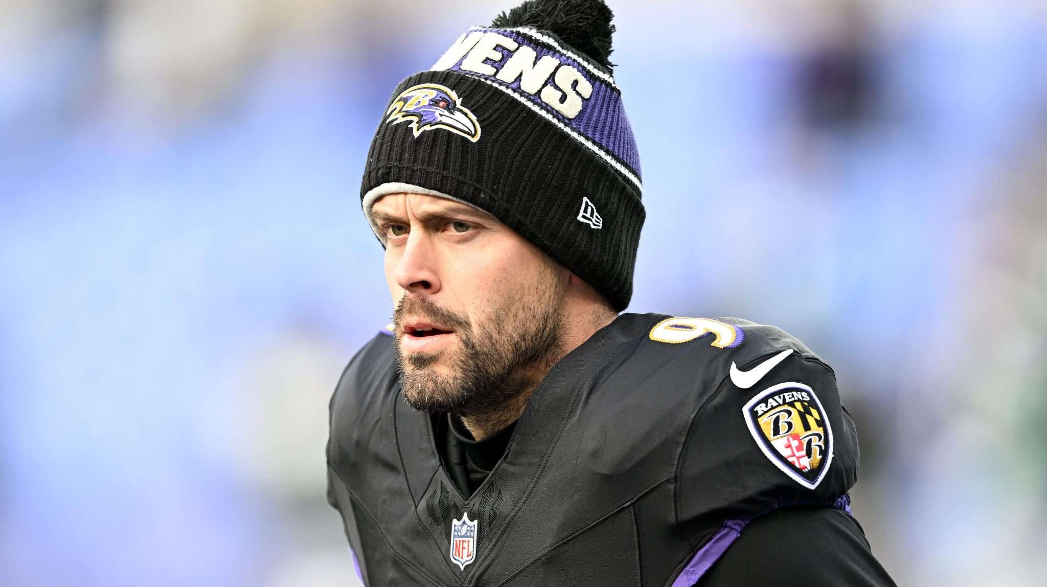 Justin Tucker of the Baltimore Ravens in game action.