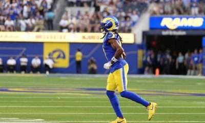 Los Angeles Rams wide receiver Davante Adams makes his way to the sideline during the second half of an NFL football game against the Arizona Cardinals in Inglewood, Calif., Sunday, Oct. 18, 2026.