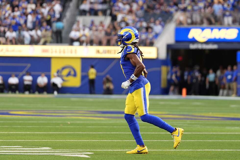 Los Angeles Rams wide receiver Davante Adams makes his way to the sideline during the second half of an NFL football game against the Arizona Cardinals in Inglewood, Calif., Sunday, Oct. 18, 2026.